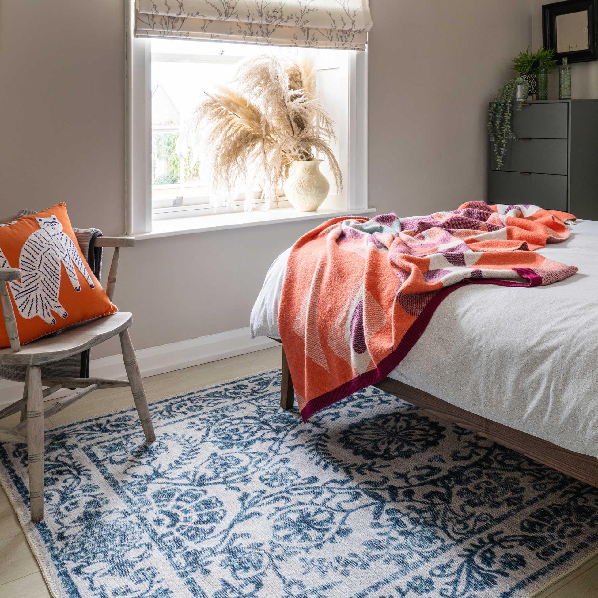 Distressed Blue Damask Washable Runner Rug