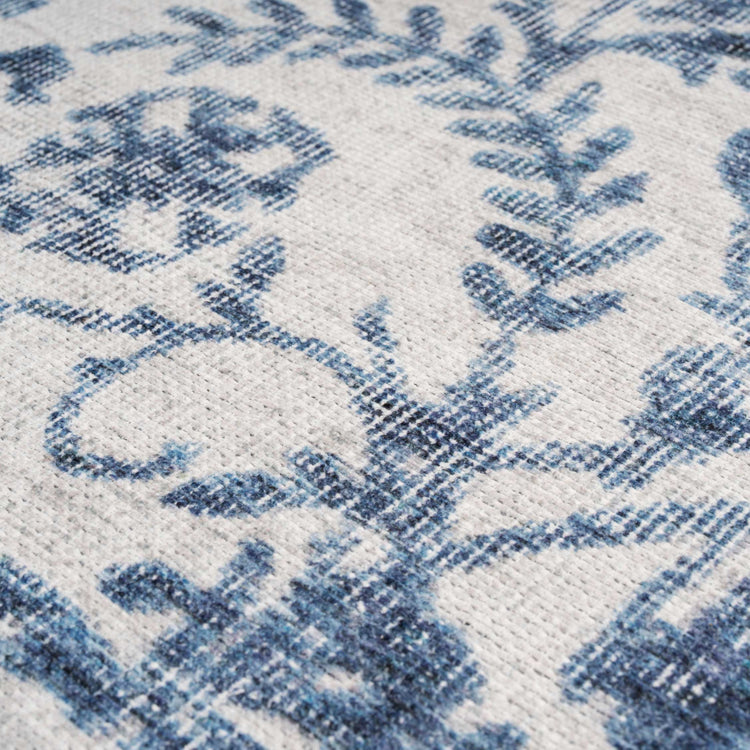 Distressed Blue Damask Washable Runner Rug