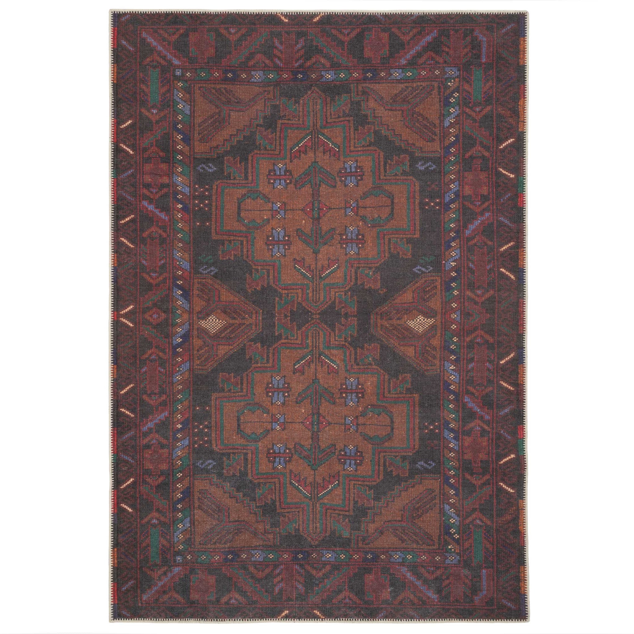 Rich Brown Washable Distressed Boho Rug