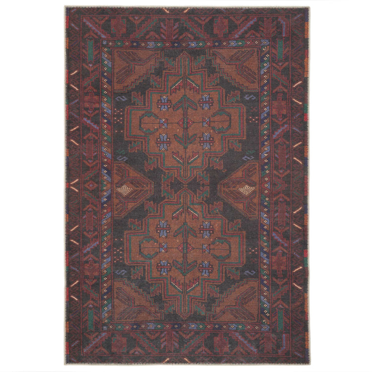 Rich Brown Washable Distressed Boho Rug