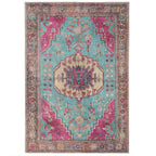 Vibrant Teal Pink Washable Distressed Boho Rug