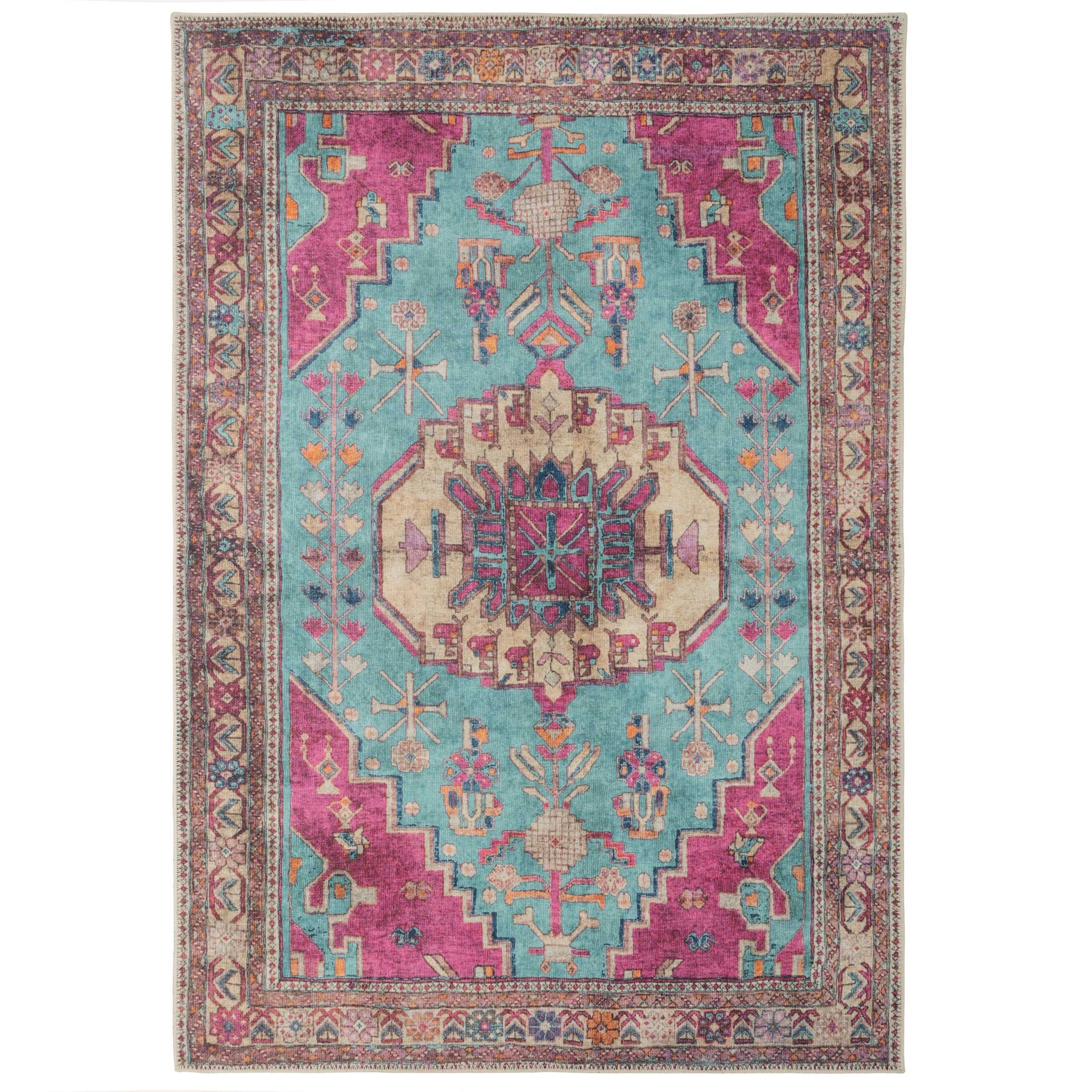 Vibrant Teal Pink Washable Distressed Boho Rug