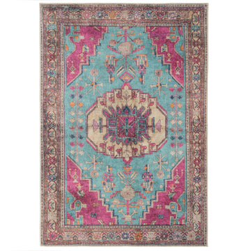 Vibrant Teal Pink Washable Distressed Boho Rug