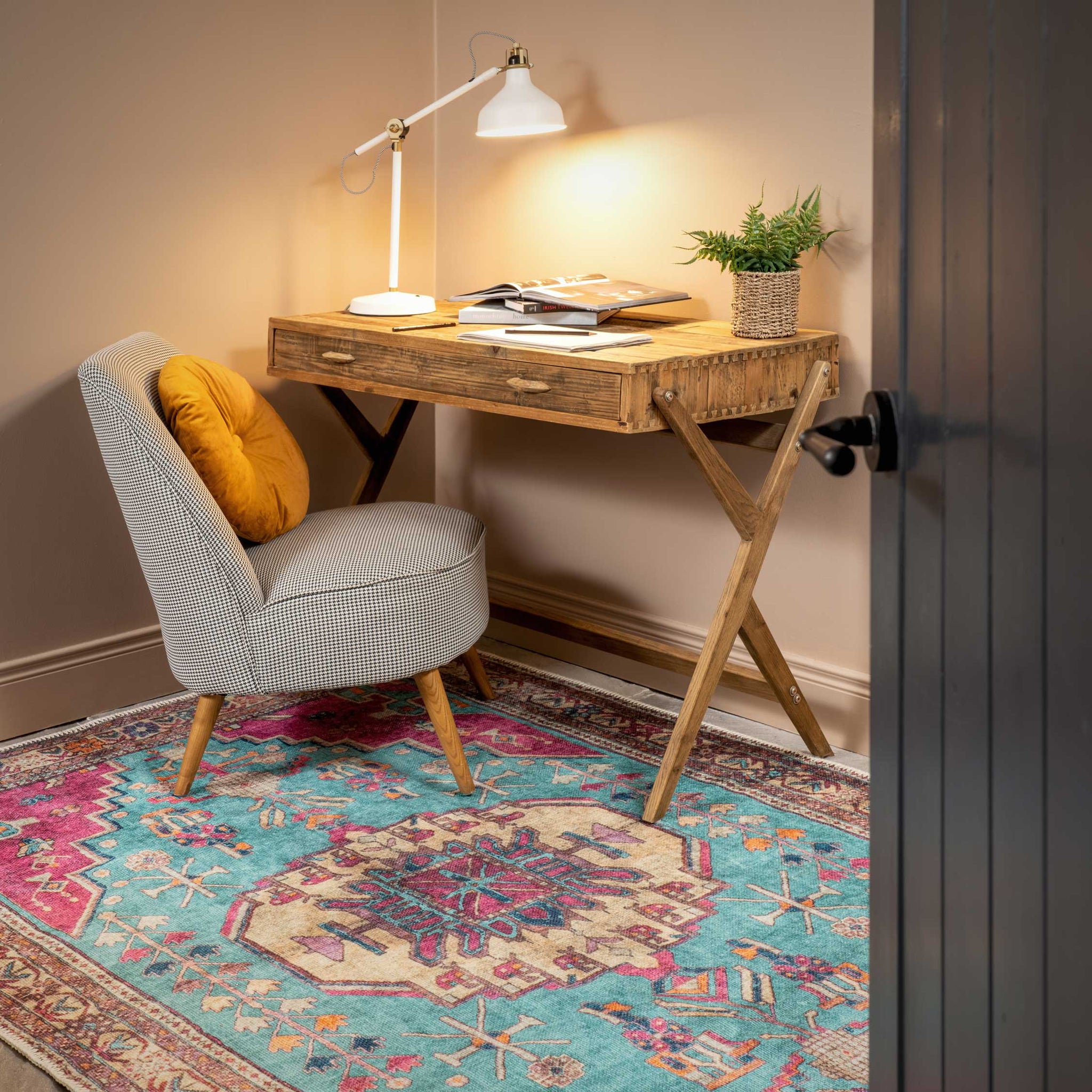 Vibrant Teal Pink Washable Distressed Boho Rug