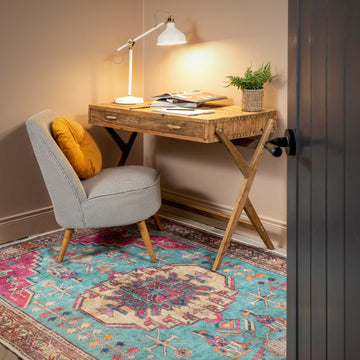 Vibrant Teal Pink Washable Distressed Boho Rug