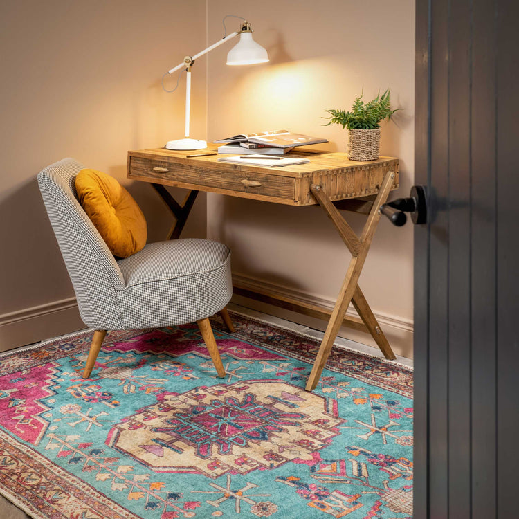 Vibrant Teal Pink Washable Distressed Boho Rug