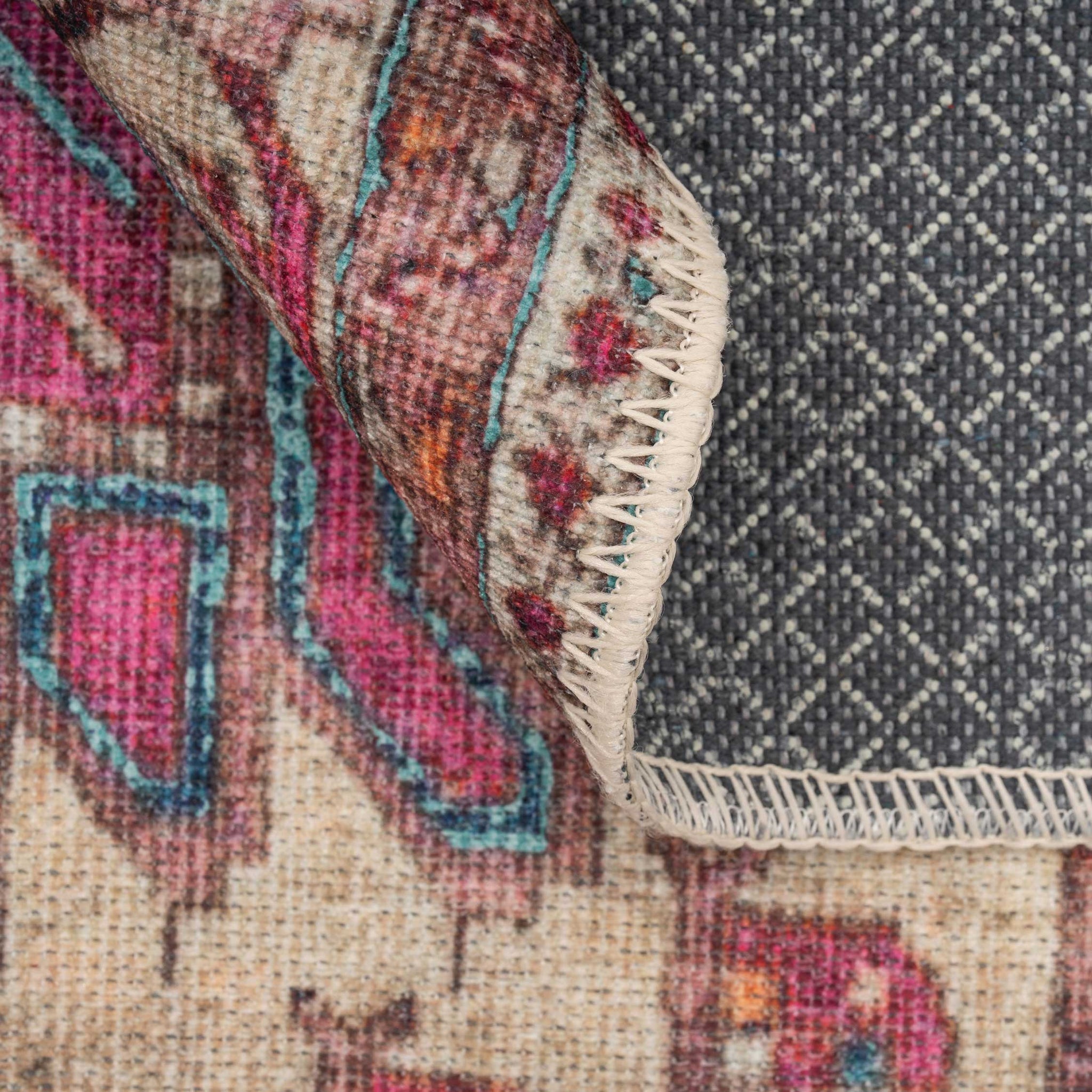 Vibrant Teal Pink Washable Distressed Boho Rug