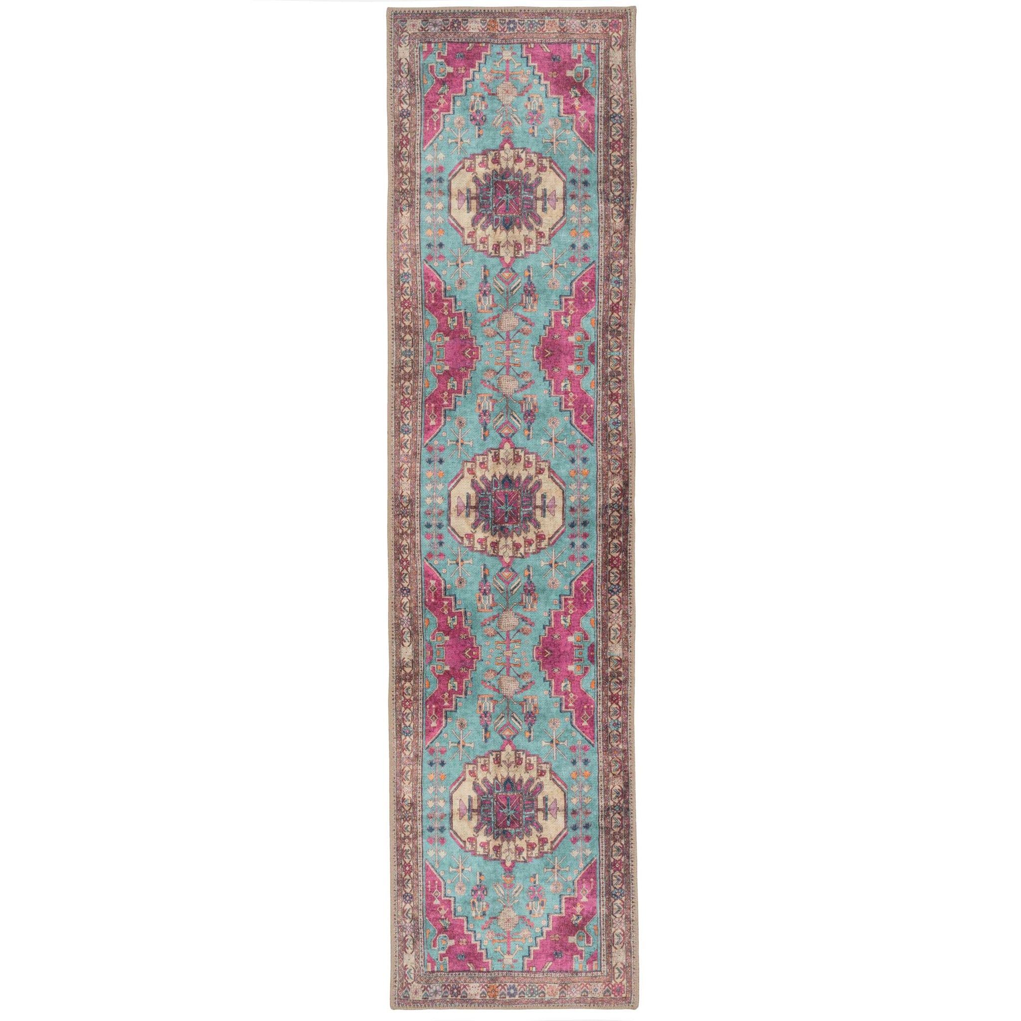 Vibrant Teal Pink Washable Boho Runner Rug