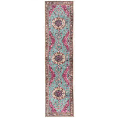 Vibrant Teal Pink Washable Boho Runner Rug