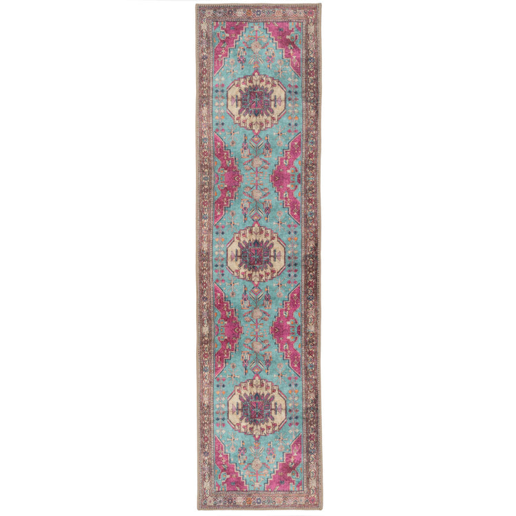 Vibrant Teal Pink Washable Boho Runner Rug