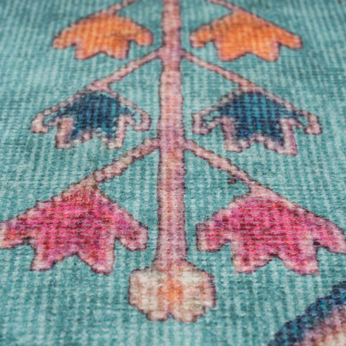 Vibrant Teal Pink Washable Boho Runner Rug