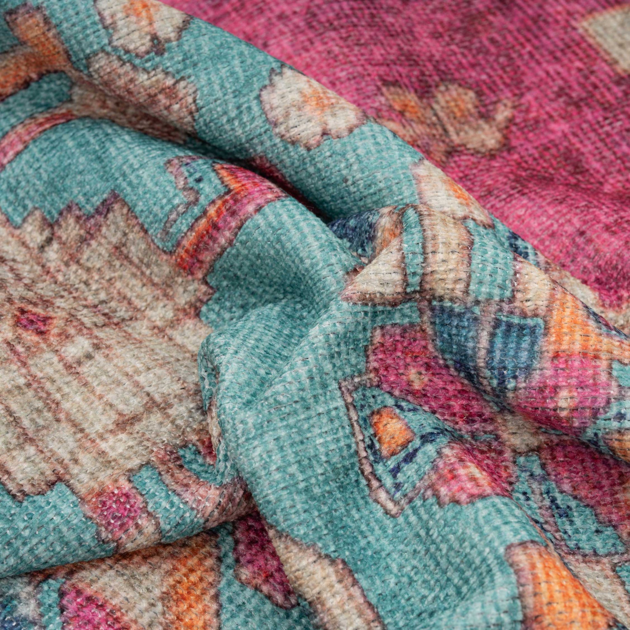 Vibrant Teal Pink Washable Boho Runner Rug
