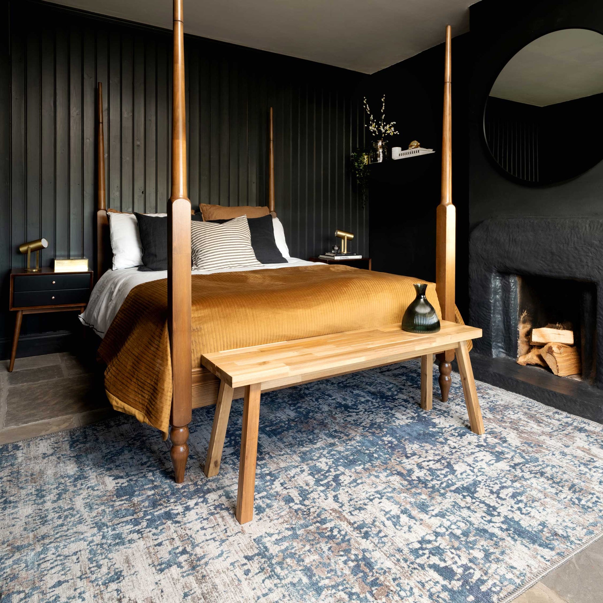 Washable Distressed Blue Area Rug