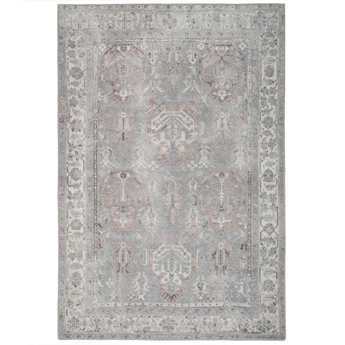 Distressed Grey Washable Bordered Rug