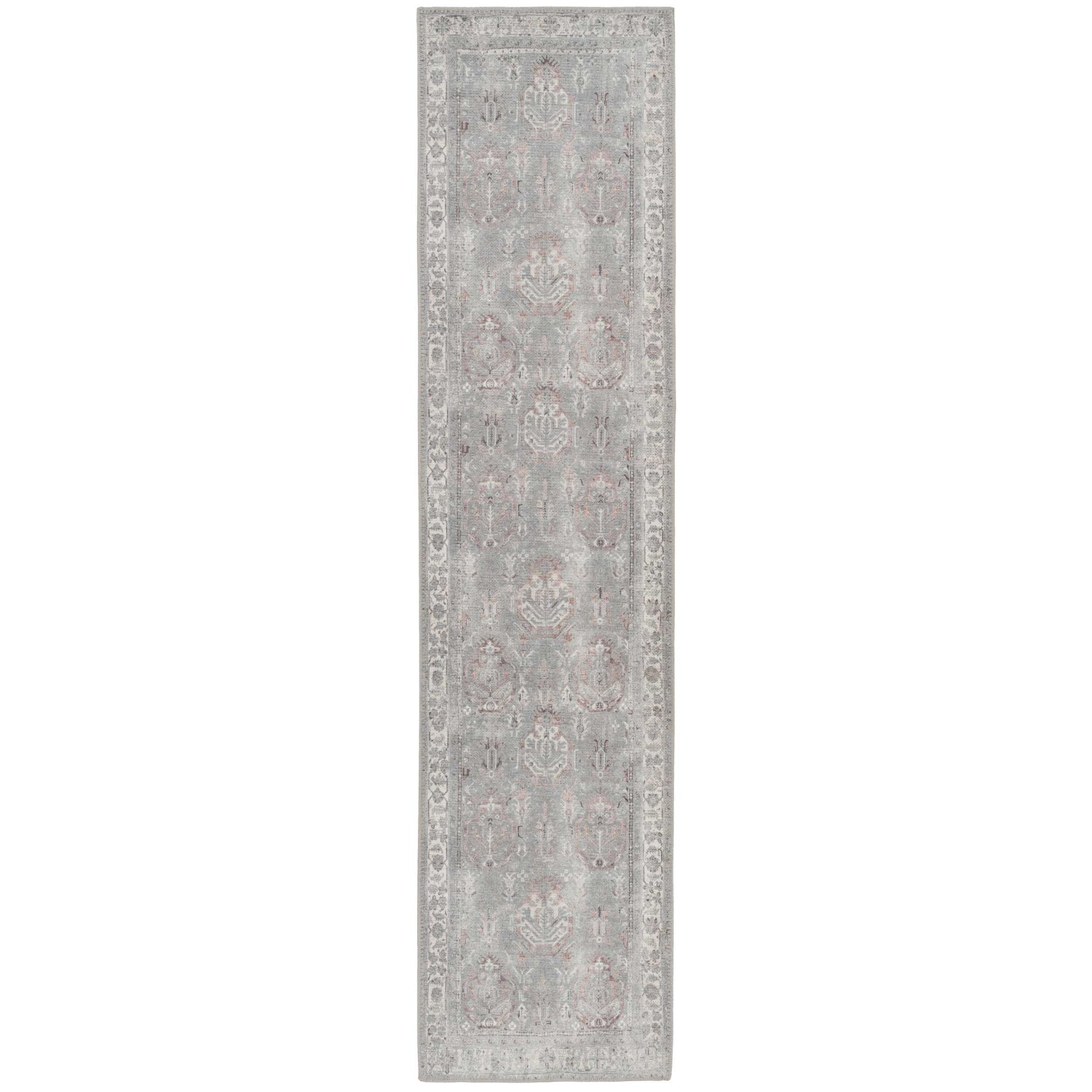 Distressed Grey Washable Bordered Runner Rug