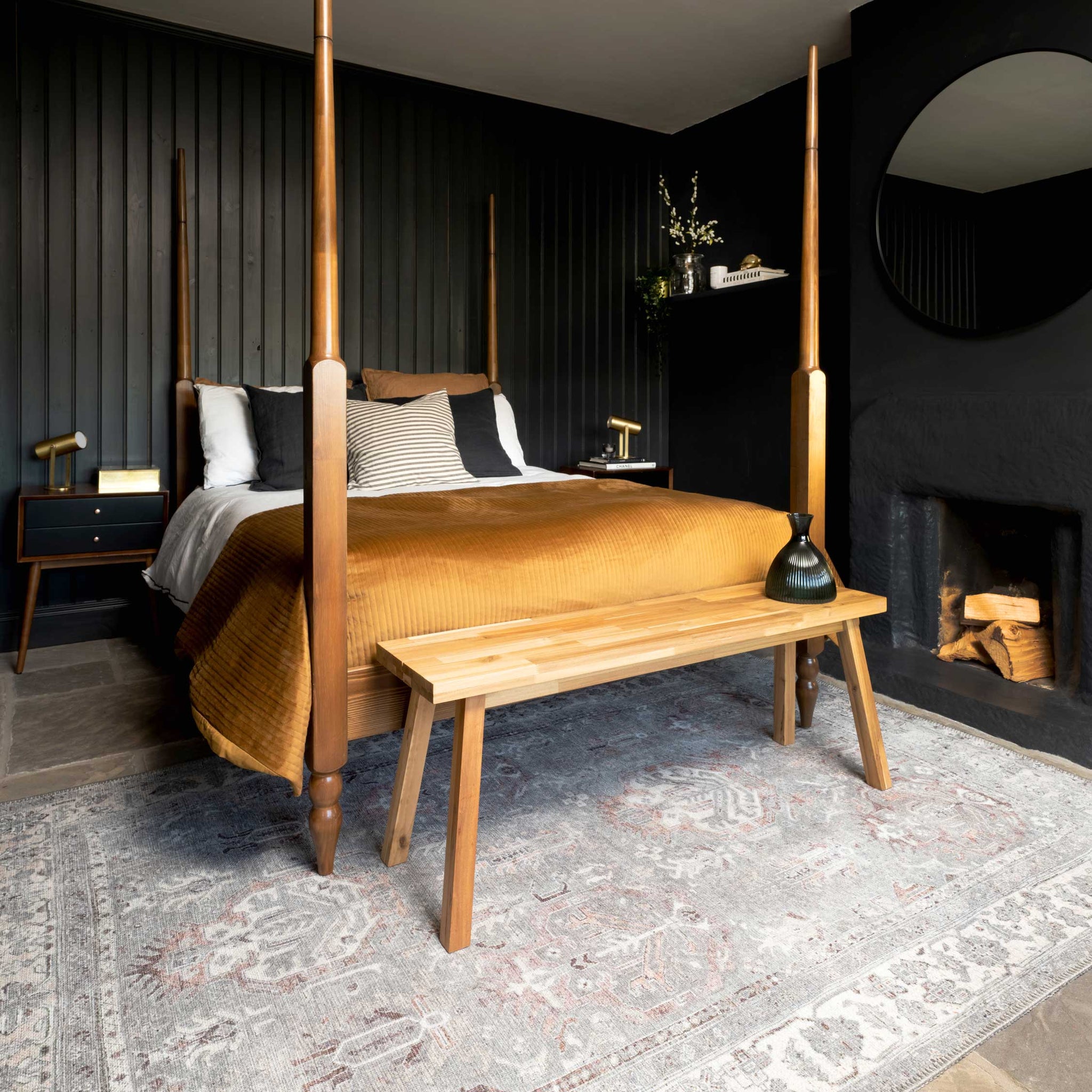 Distressed Grey Washable Bordered Rug