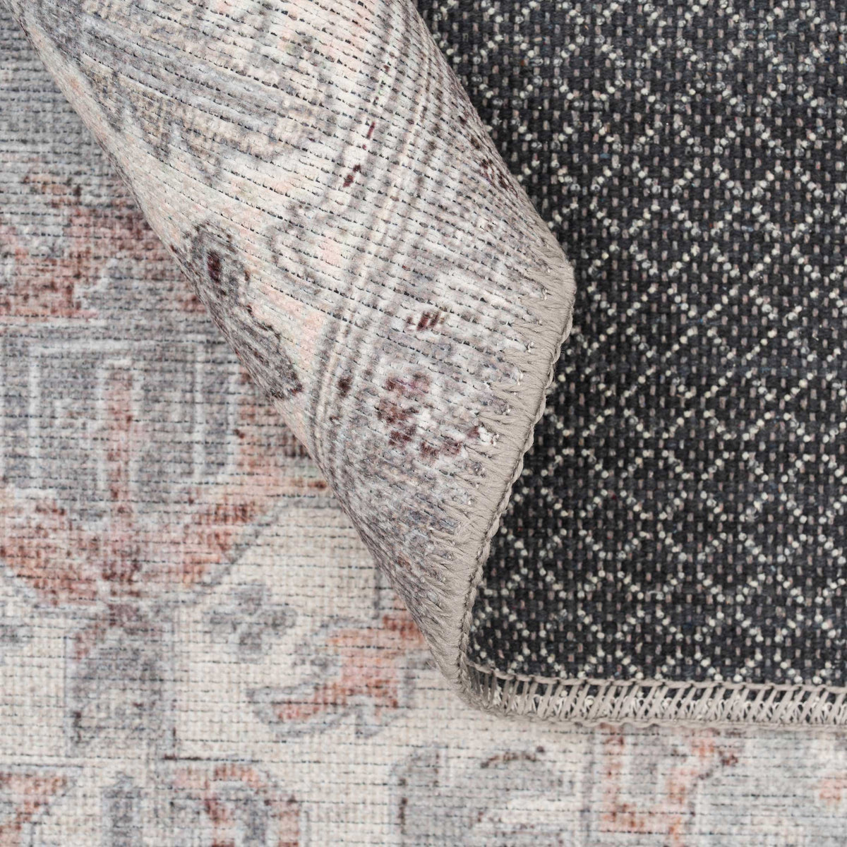 Distressed Grey Washable Bordered Runner Rug