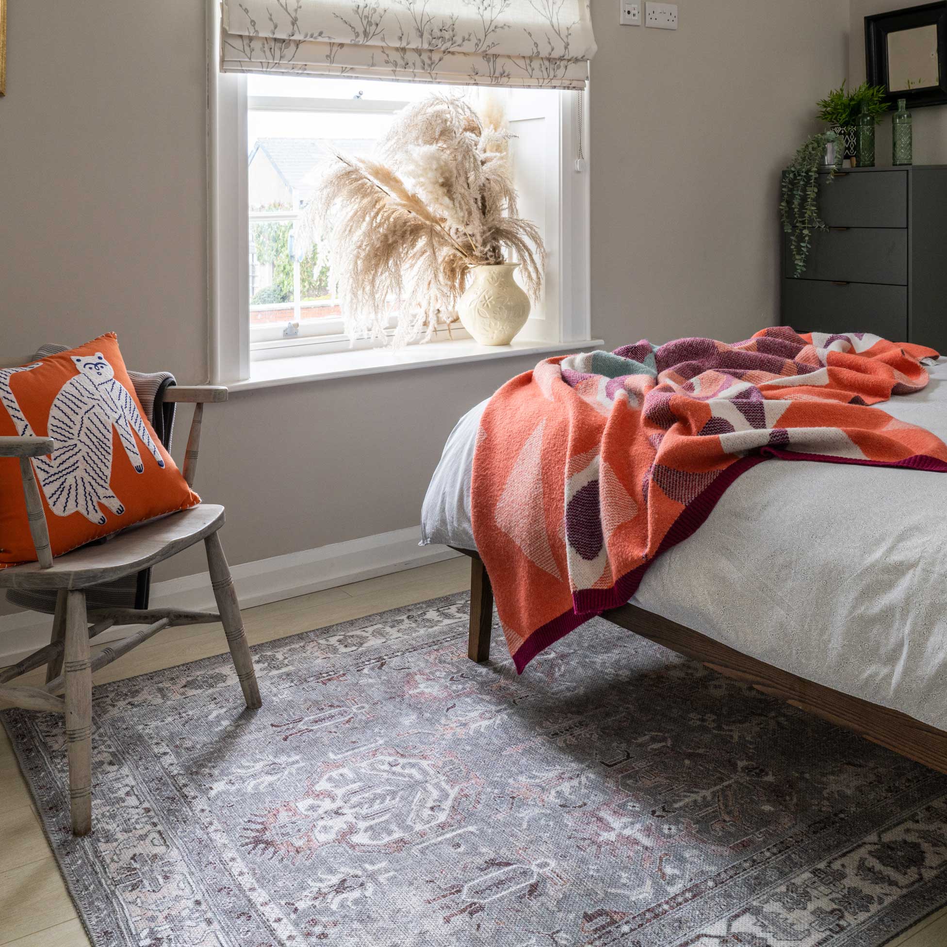 Distressed Grey Washable Bordered Runner Rug