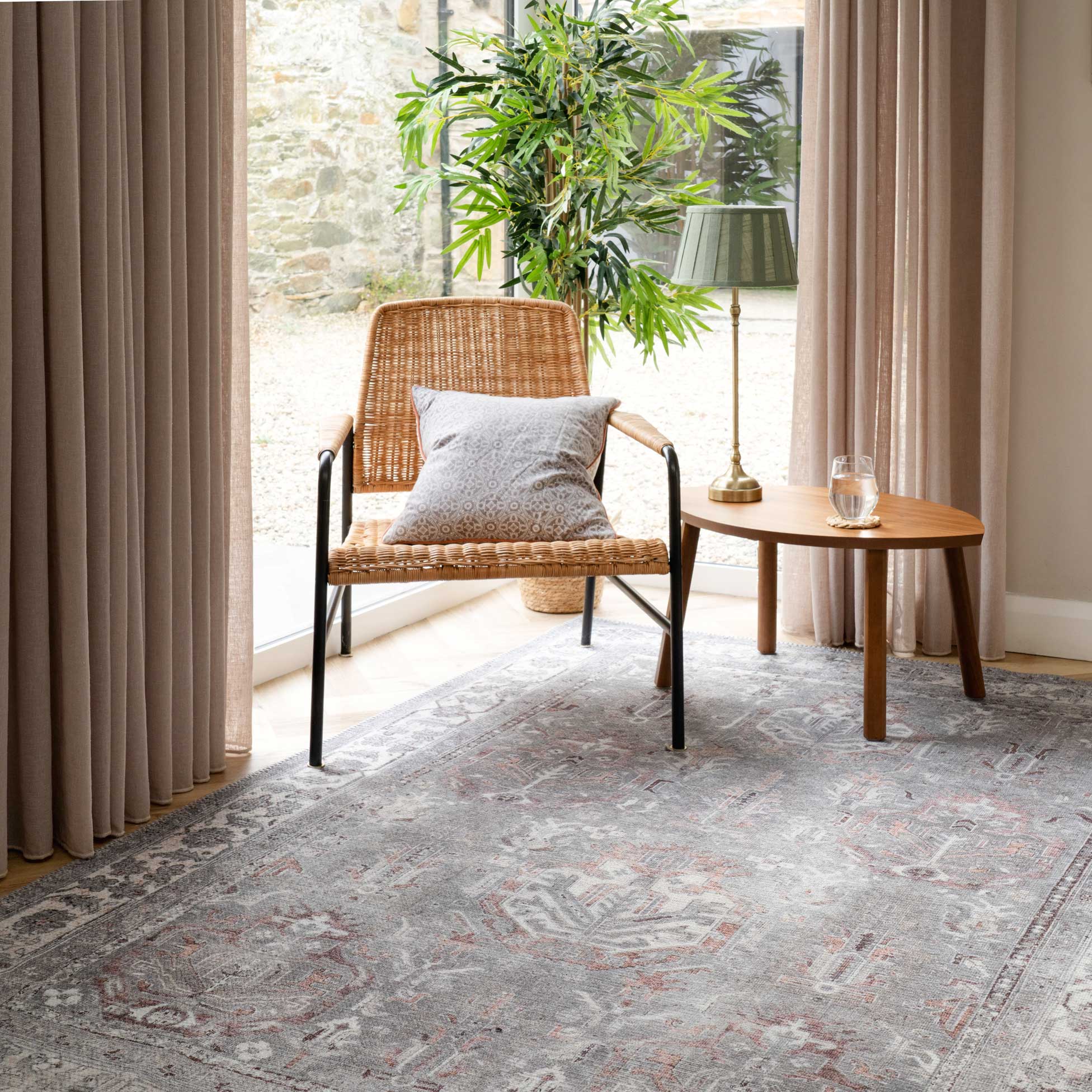 Distressed Grey Washable Bordered Runner Rug