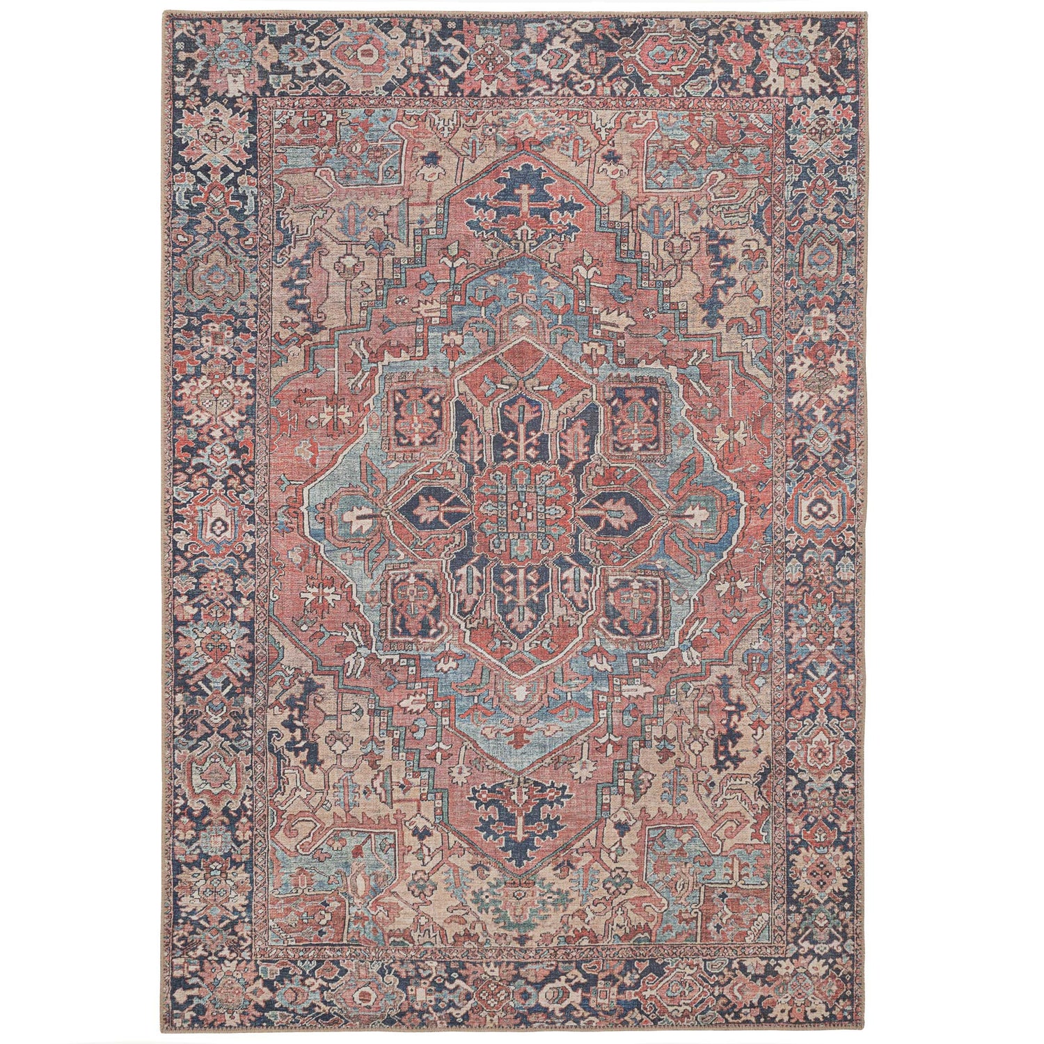 Washable Red Distressed Traditional Rug