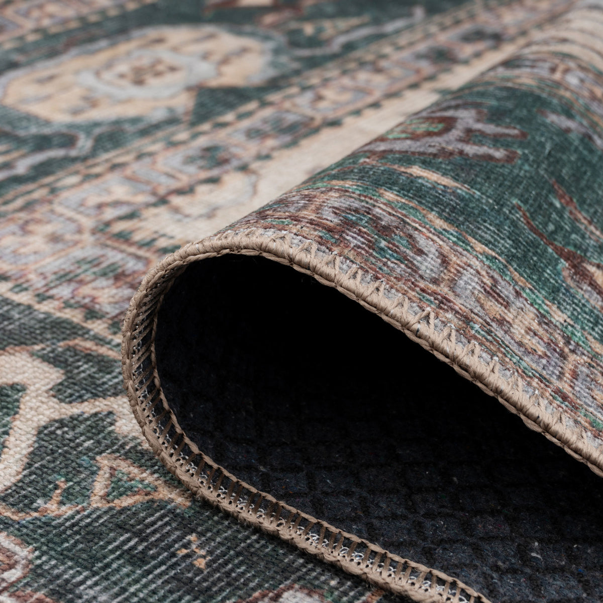 Flatwoven Washable Green Bordered Area Rug - Anton