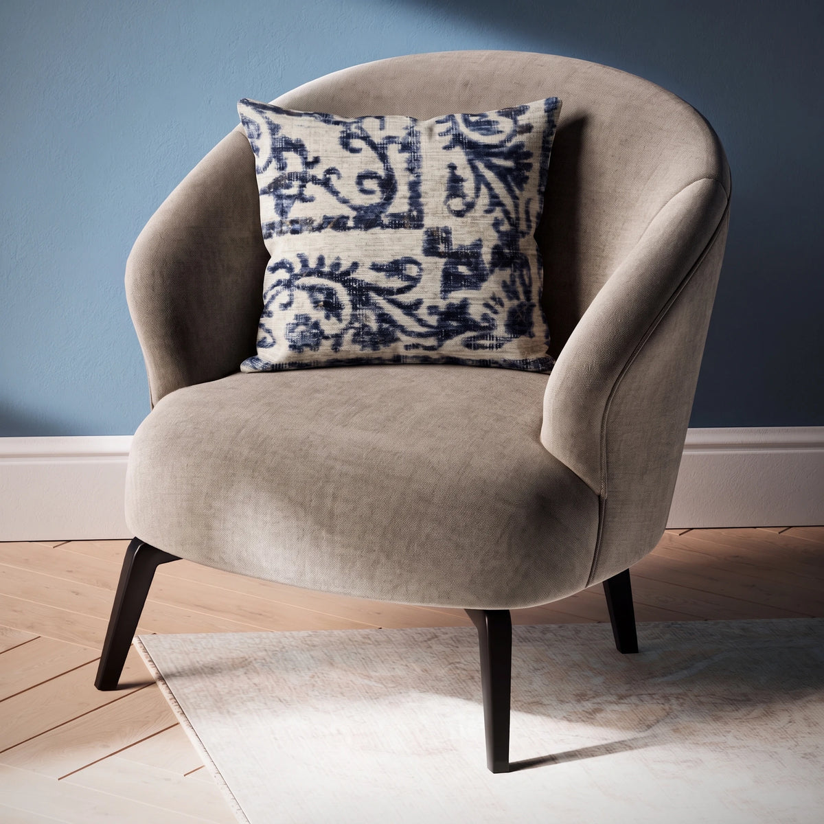 Flatwoven Washable Distressed Blue Damask Rug - Bala