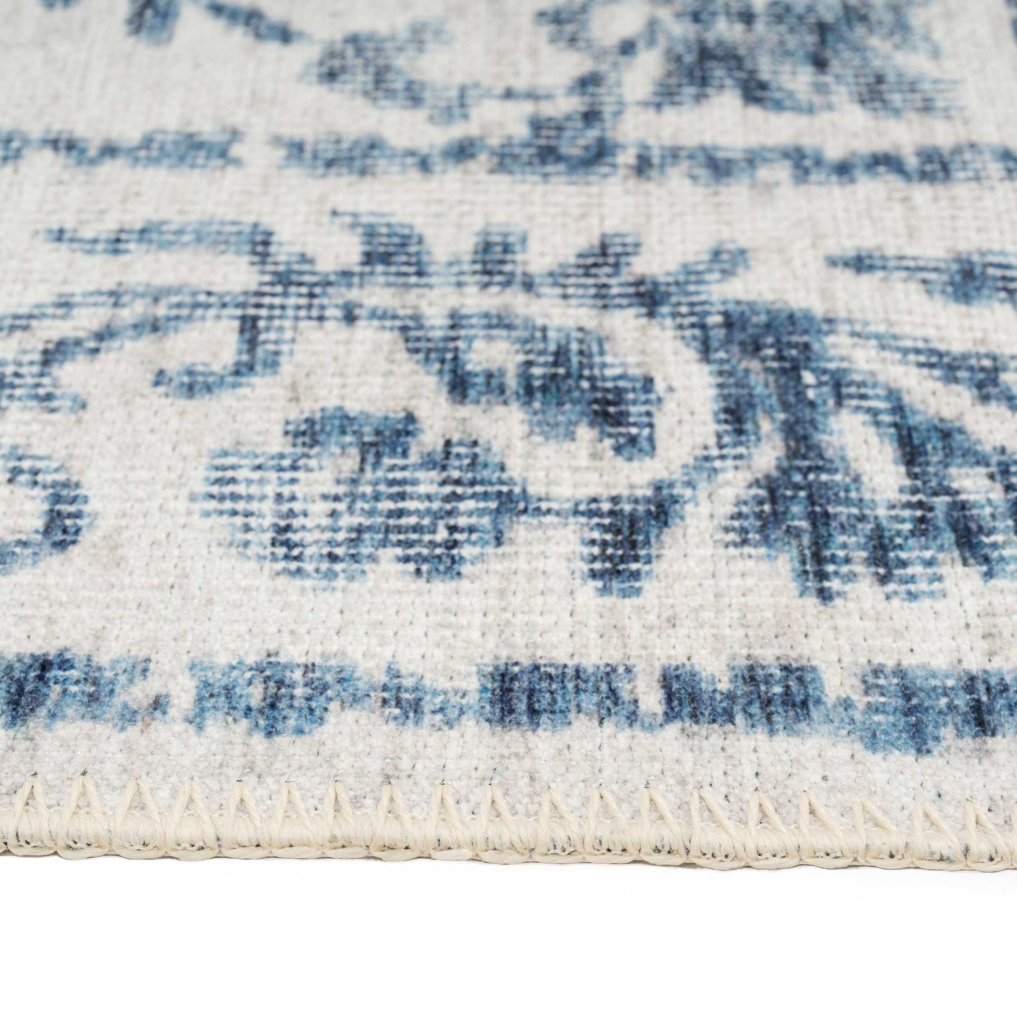 Distressed Blue Damask Washable Runner Rug