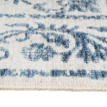 Distressed Blue Damask Washable Runner Rug
