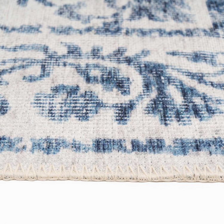 Distressed Blue Damask Washable Rug