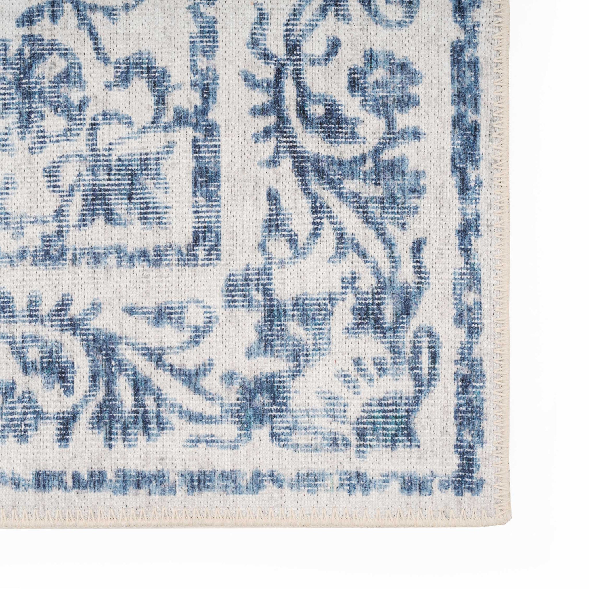 Distressed Blue Damask Washable Runner Rug