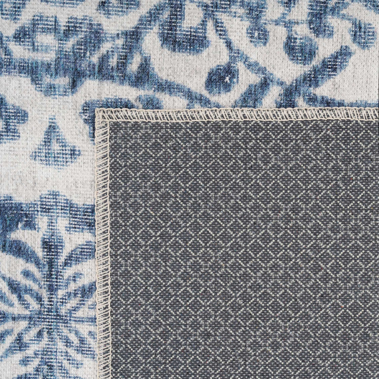 Distressed Blue Damask Washable Rug