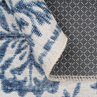Distressed Blue Damask Washable Rug