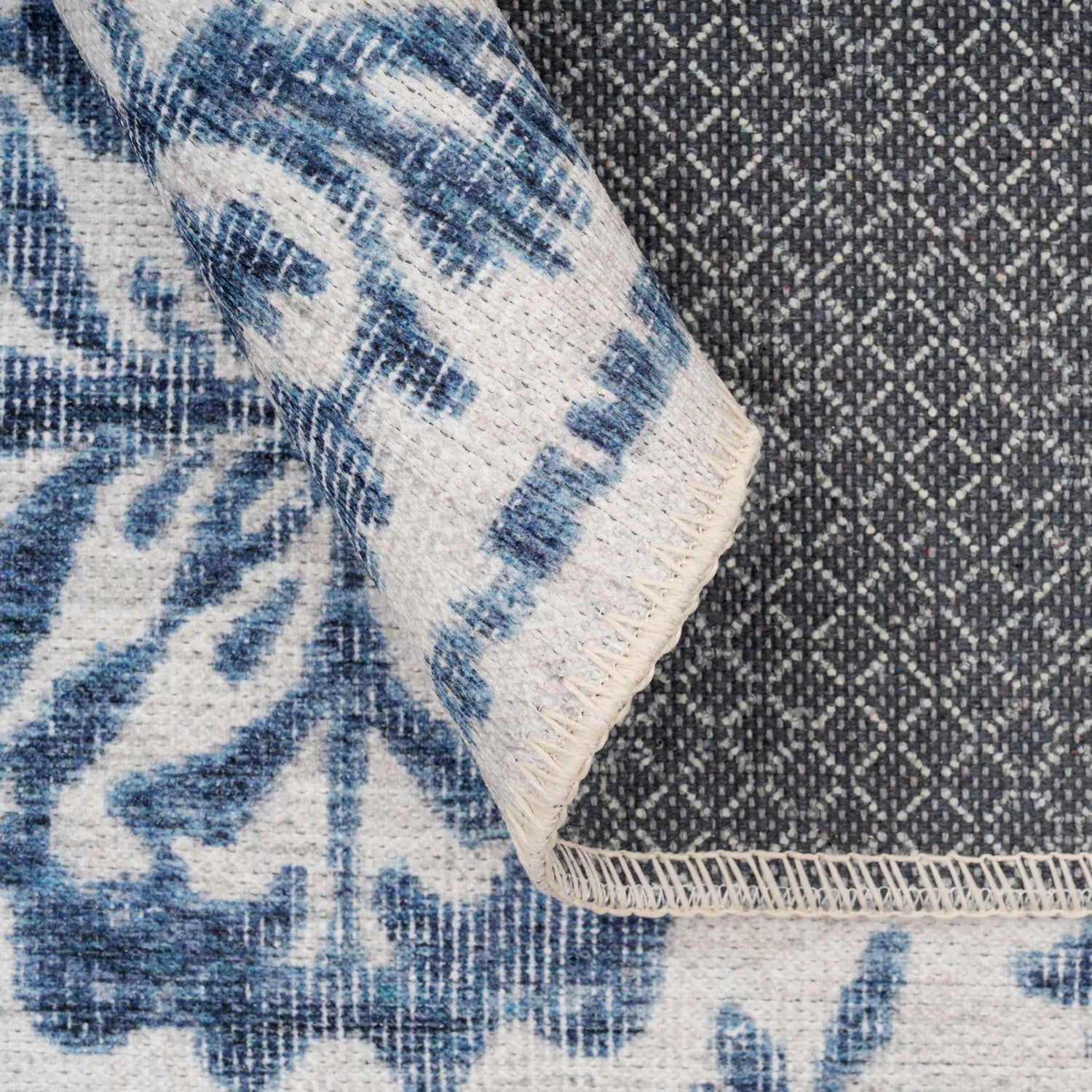 Distressed Blue Damask Washable Runner Rug