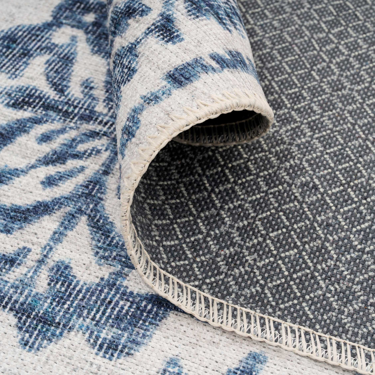 Distressed Blue Damask Washable Runner Rug