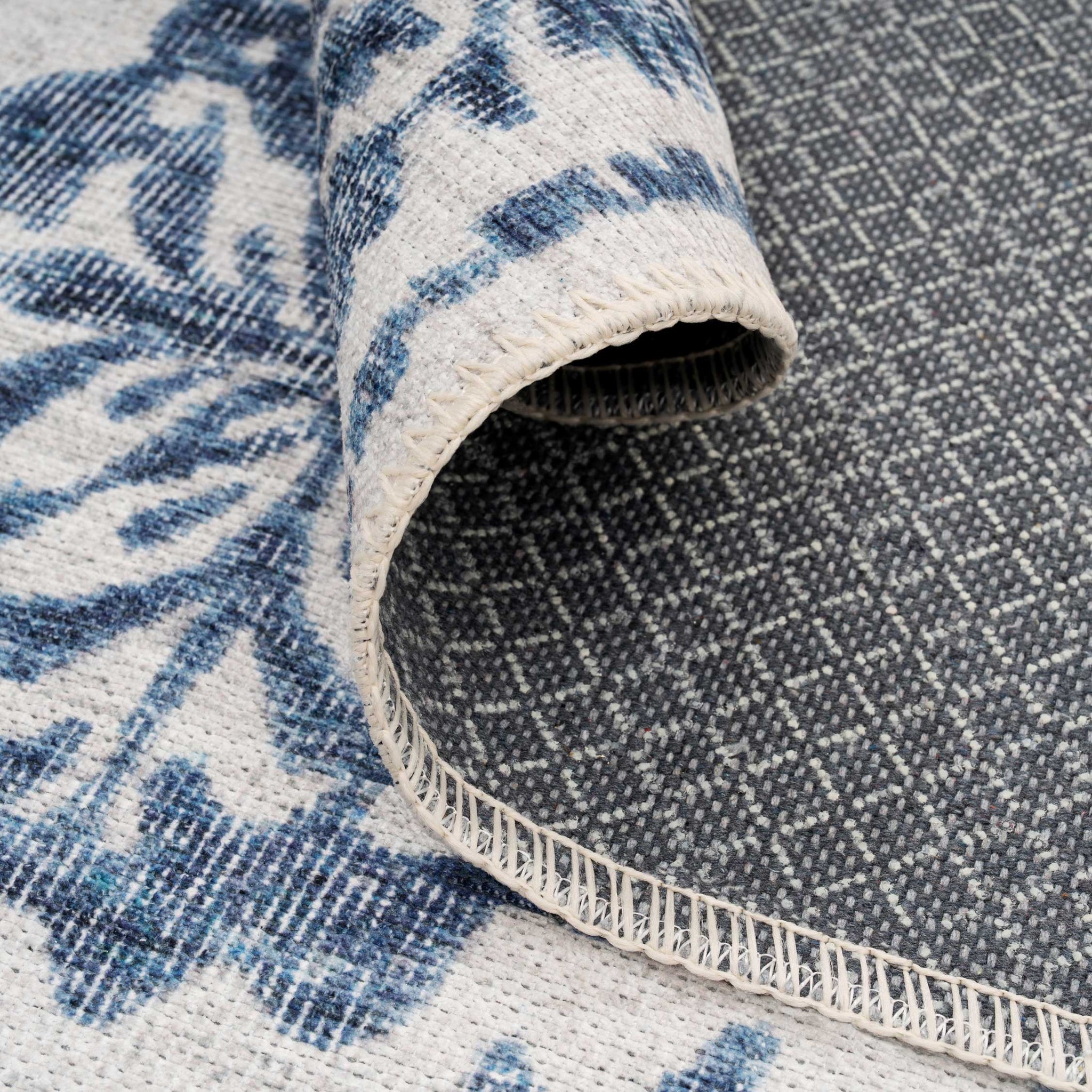 Distressed Blue Damask Washable Runner Rug