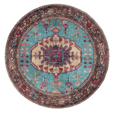 Flatwoven Washable Teal Pink Distressed Circle Rug