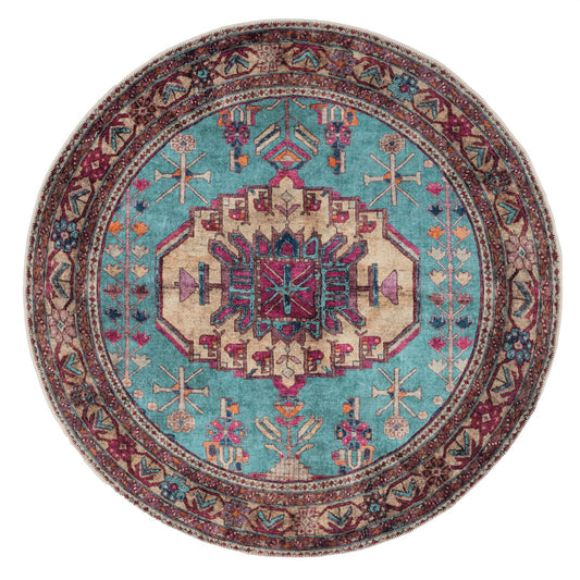 Teal Pink Washable Distressed Circle Rug