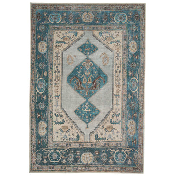 Distressed Teal Bordered Washable Area Rug