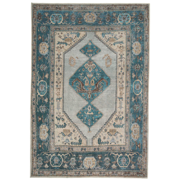 Distressed Teal Bordered Washable Area Rug