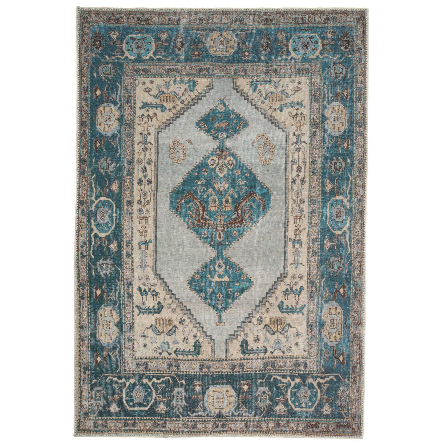 Distressed Teal Bordered Washable Area Rug - Cyrus | Living Room Rugs ...