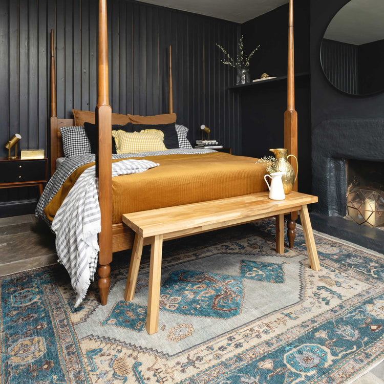 Distressed Teal Bordered Washable Area Rug