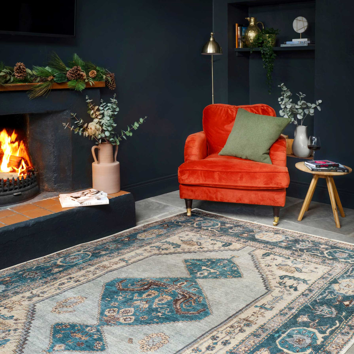 Distressed Teal Bordered Washable Area Rug