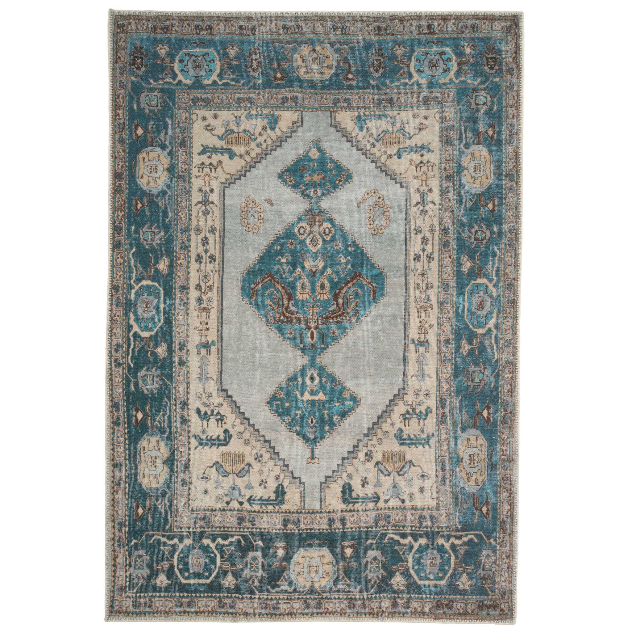 Distressed Bordered Washable Rug
