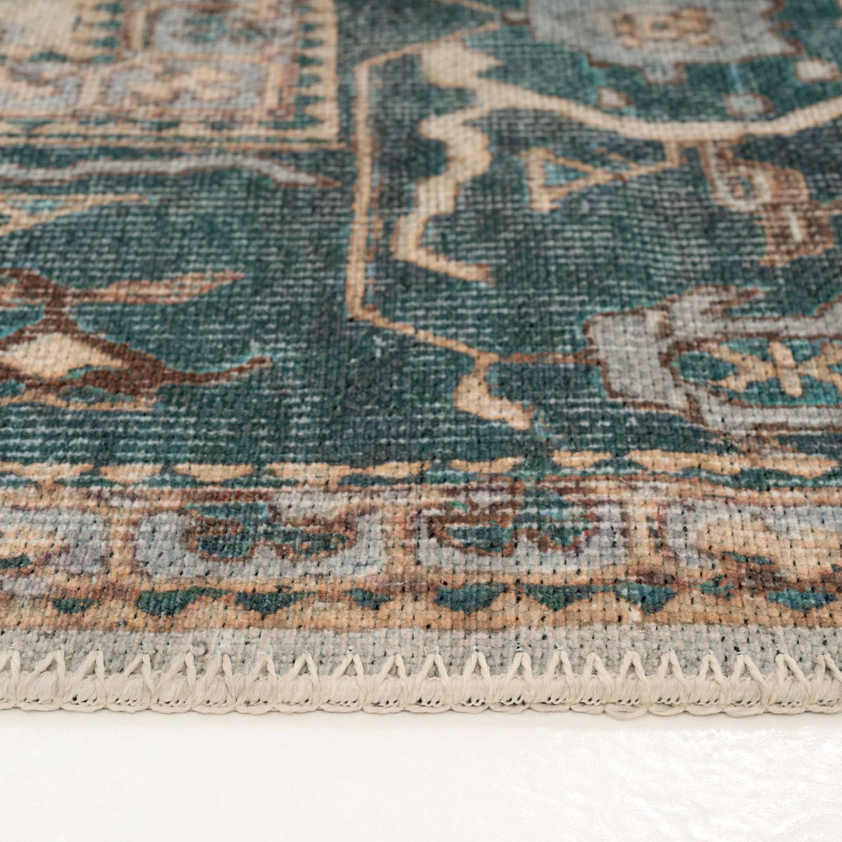 Distressed Teal Bordered Washable Area Rug