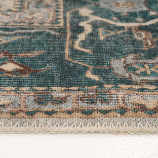 Distressed Teal Bordered Washable Area Rug