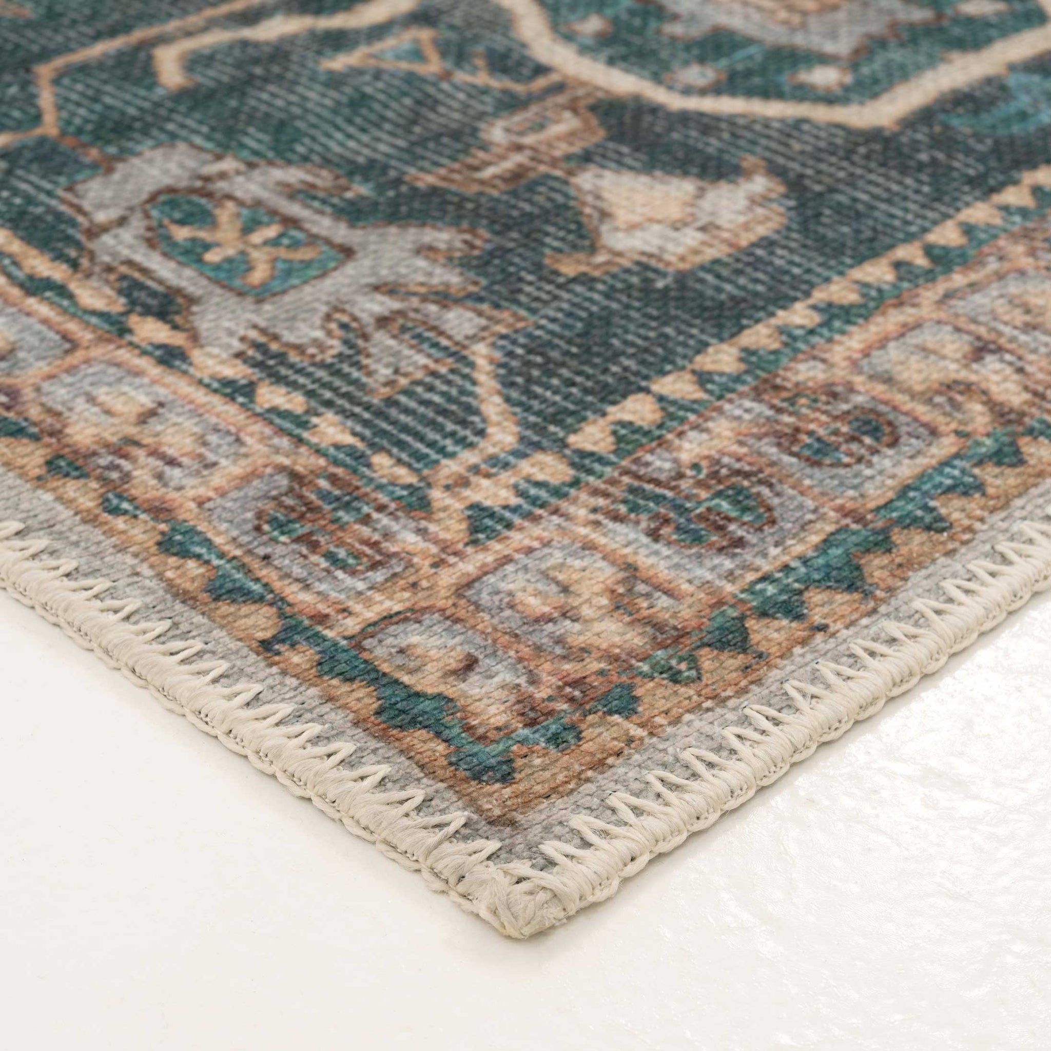 Distressed Teal Washable Runner Rug