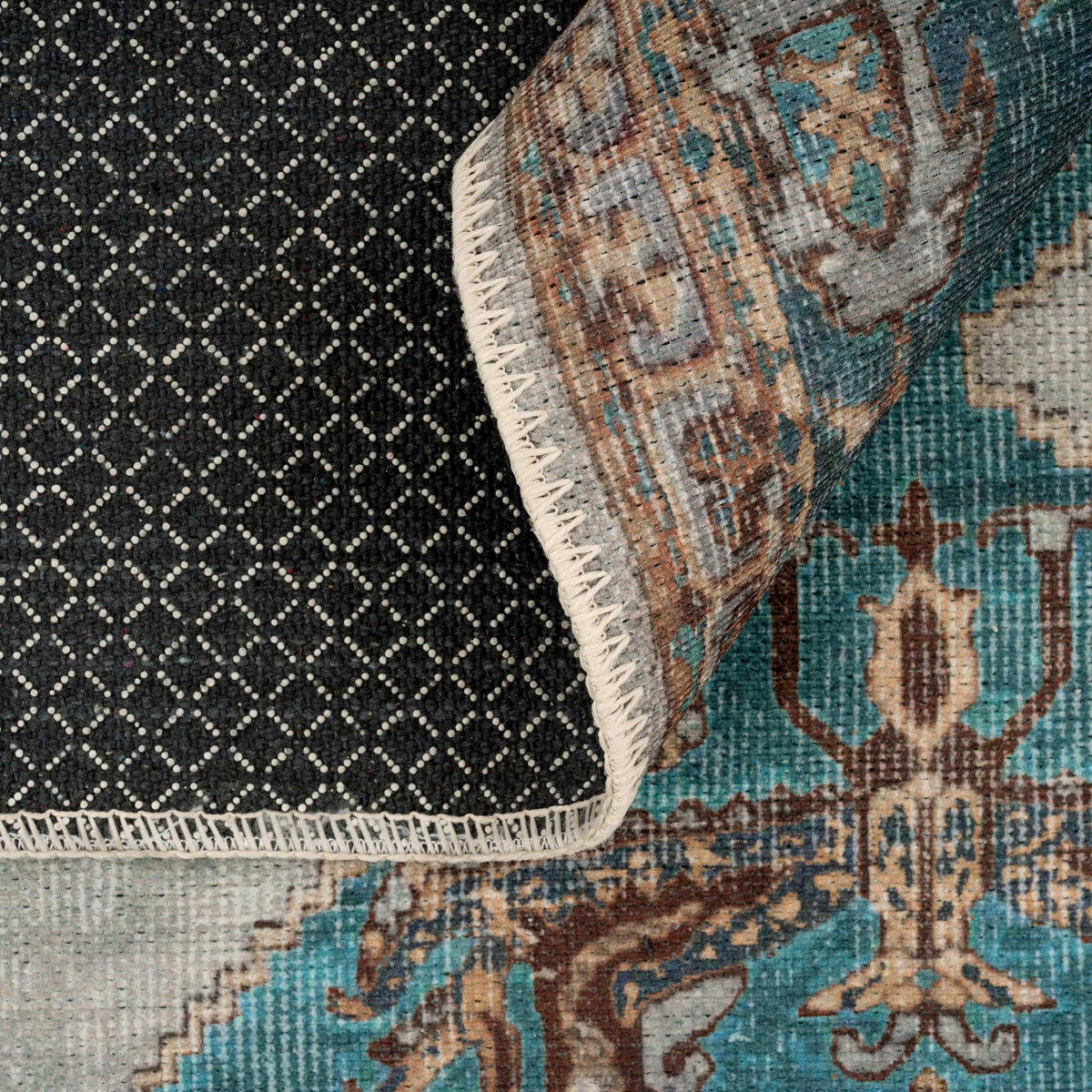Distressed Teal Bordered Washable Area Rug