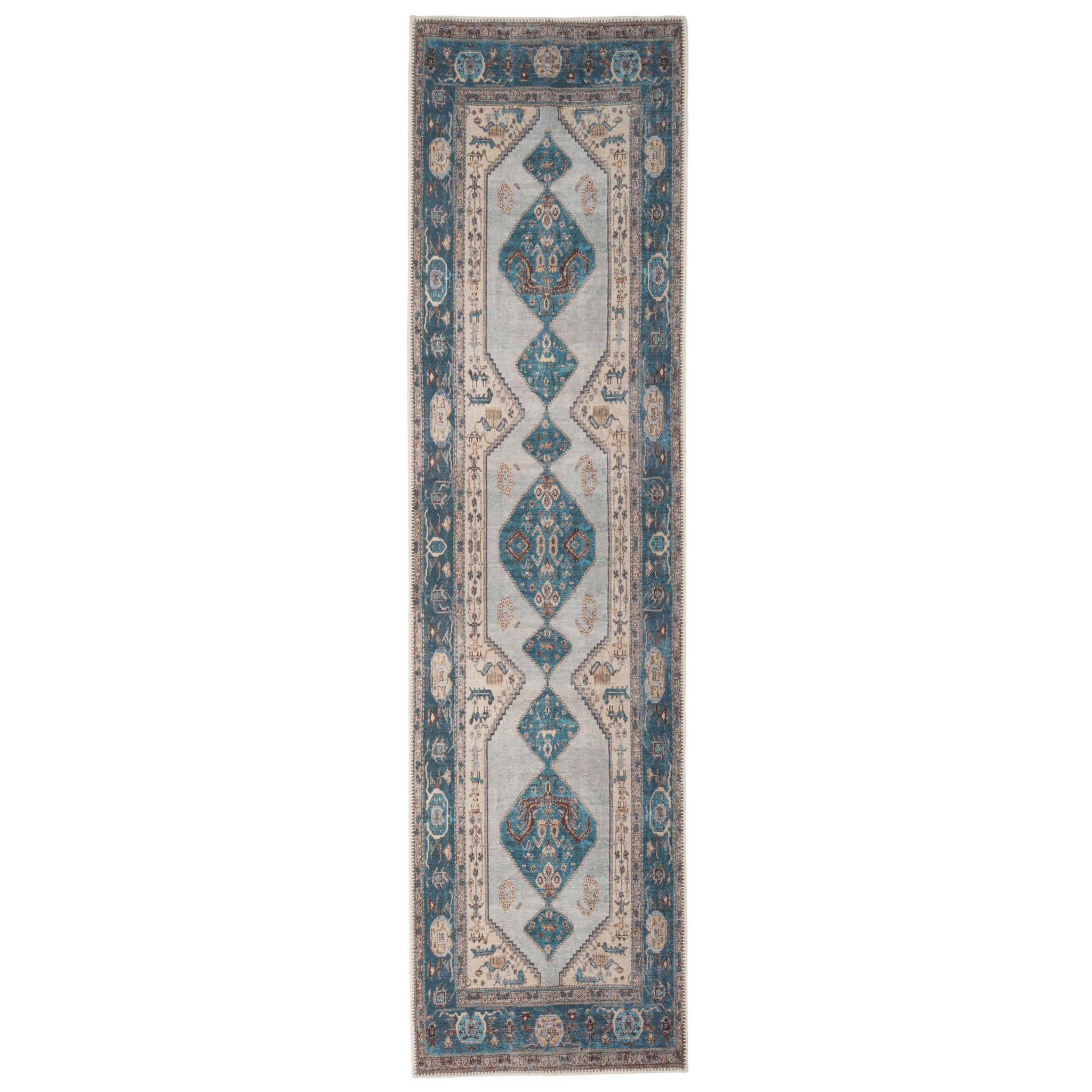 Distressed Teal Bordered Washable Area Rug
