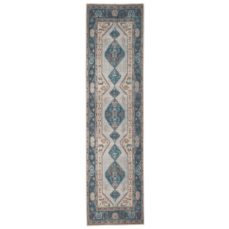 Distressed Teal Bordered Washable Area Rug