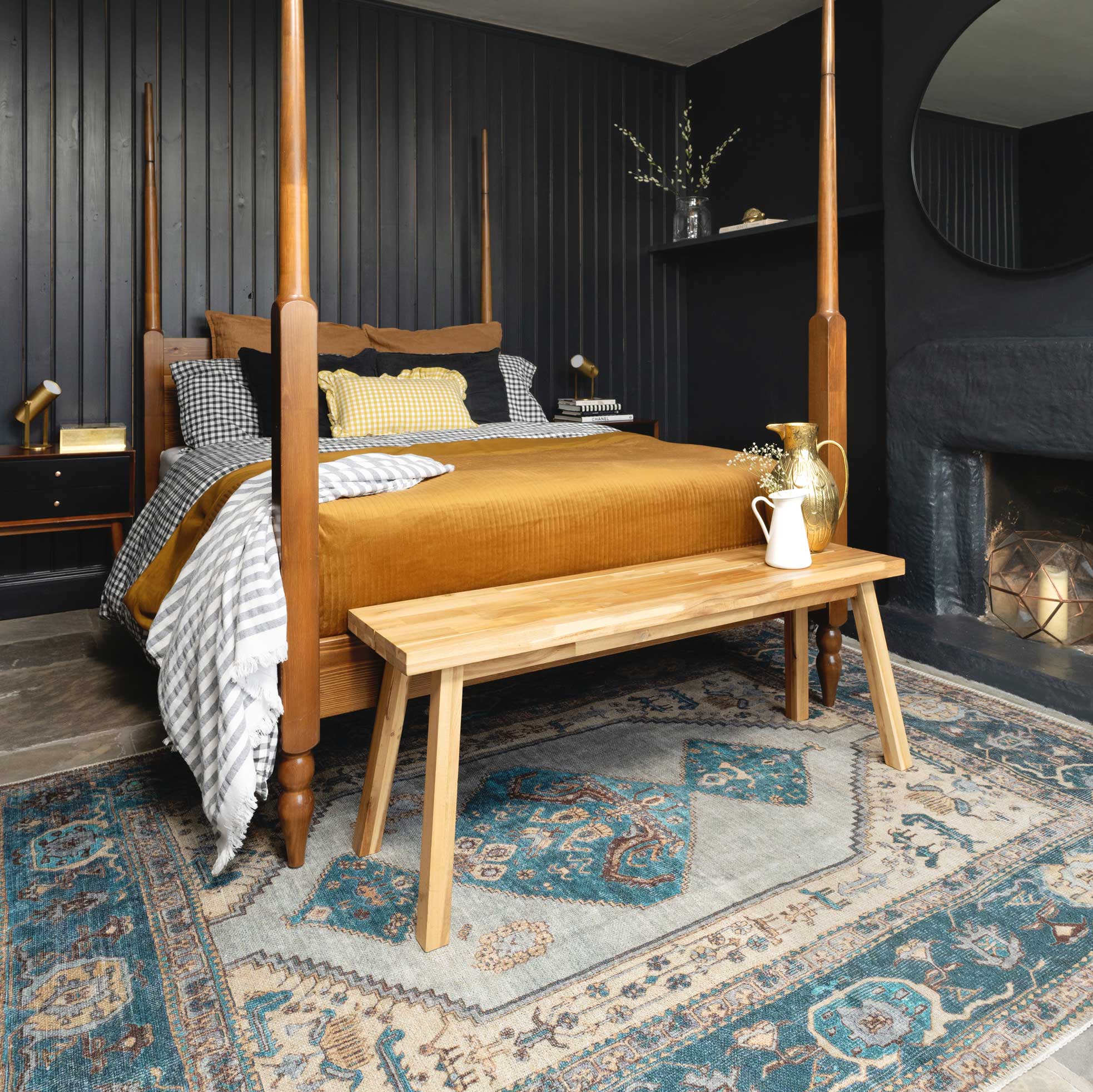 Distressed Teal Bordered Washable Area Rug